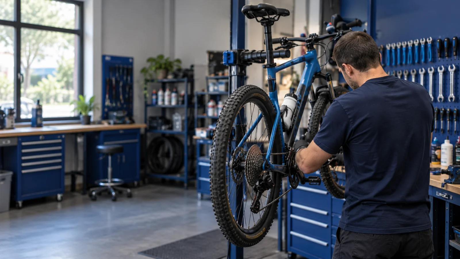 Mecánico trabajando en una bicicleta — imagen ilustrativa